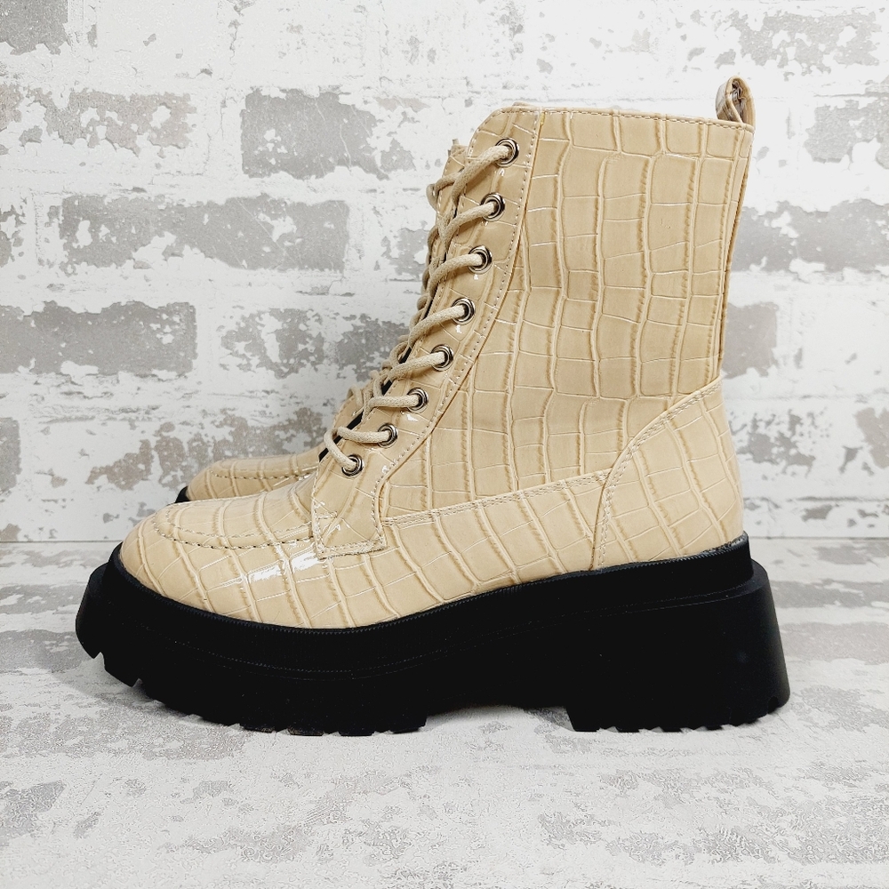New Top Shop Kara Beige Lace-Up Chunky Platform Ankle Boots K166